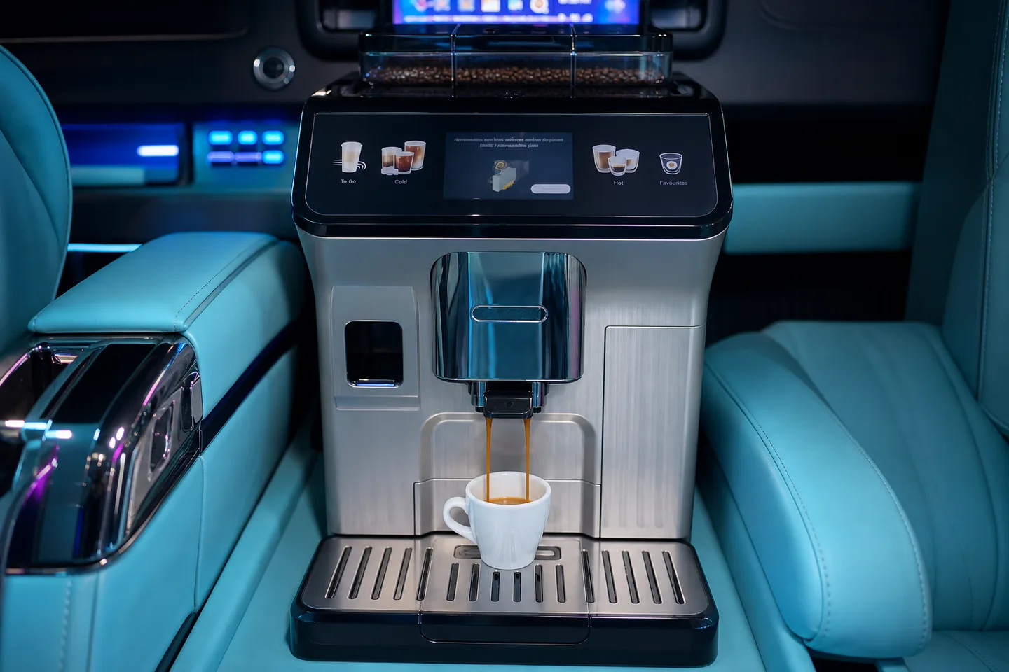 Ekspres do kawy w minibusie parzy espresso do białej filiżanki