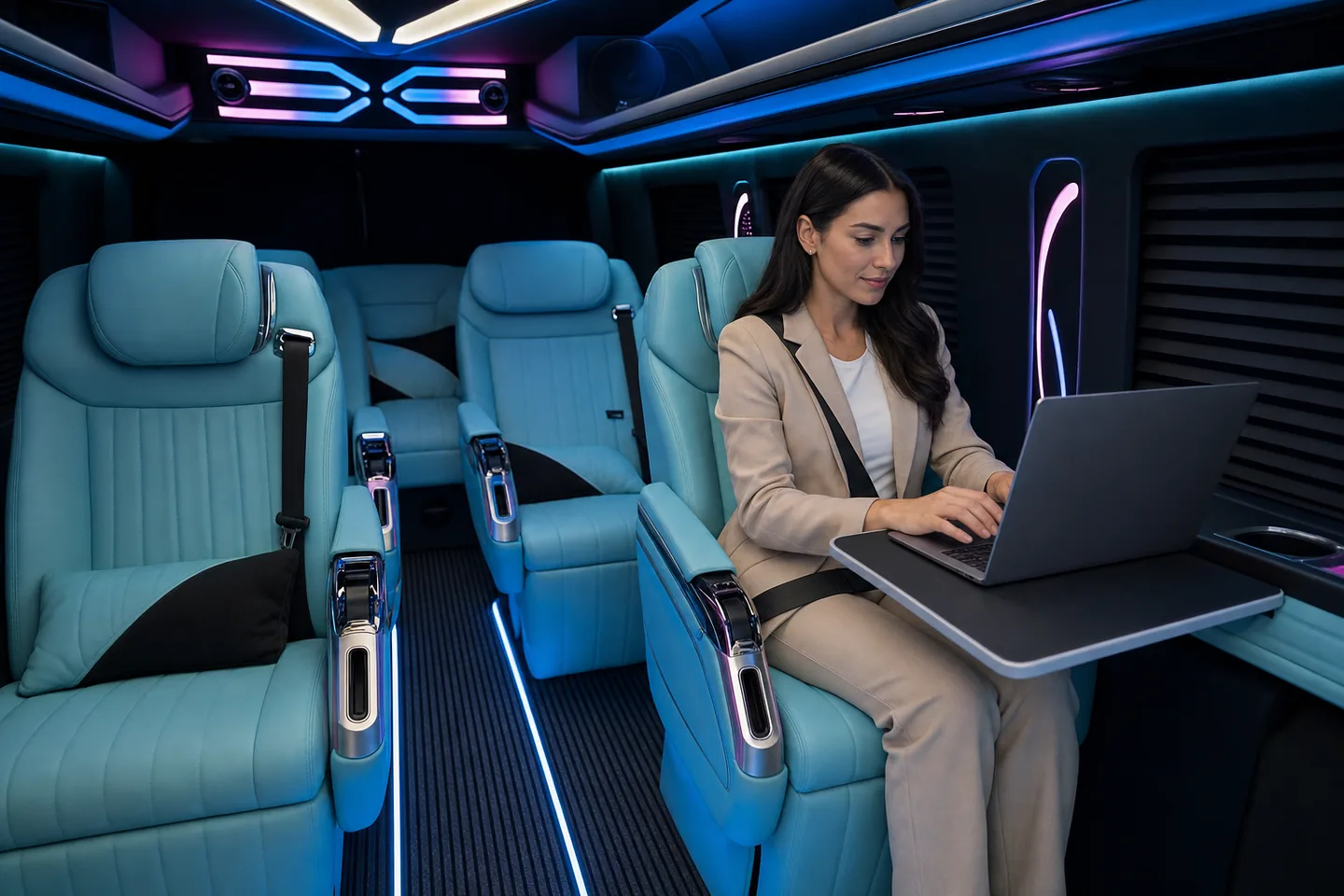 Pasażerka pracuje na laptopie przy rozkładanym stoliku w minibusie