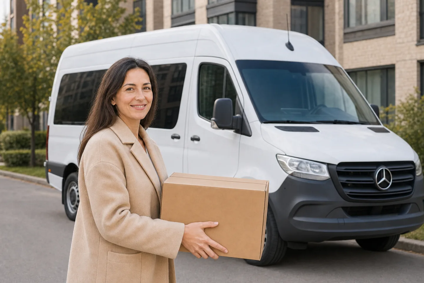 Frau hält ein Paket aus Karton neben dem weißen Kleinbus