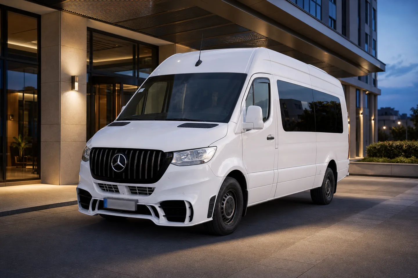 Biały minibus Mercedes Sprinter wieczorem przy wejściu do budynku