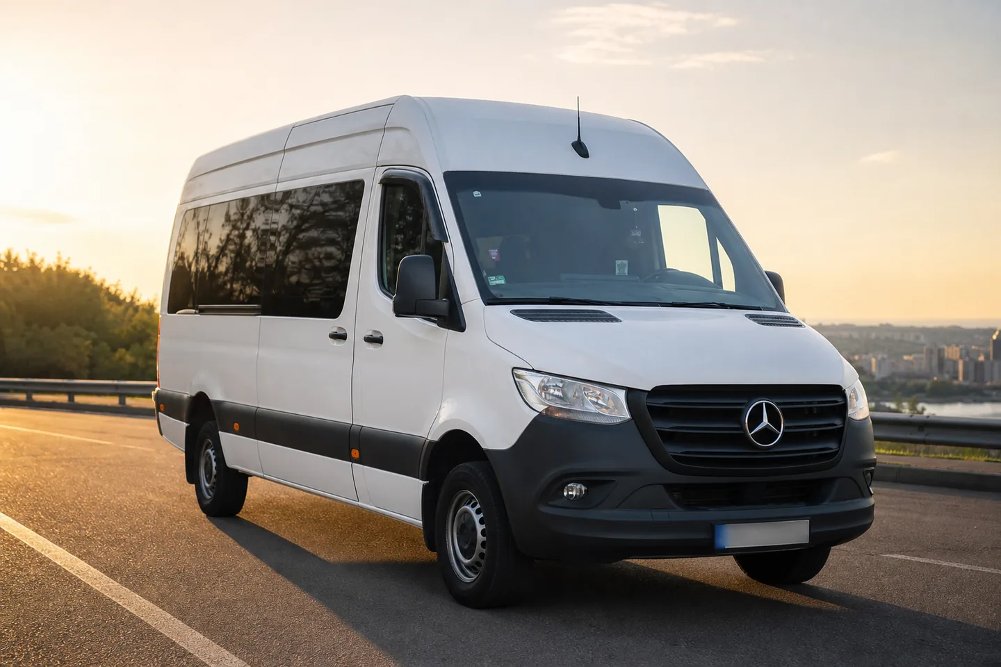 Biały minibus Mercedes Sprinter na trasie pod wieczór